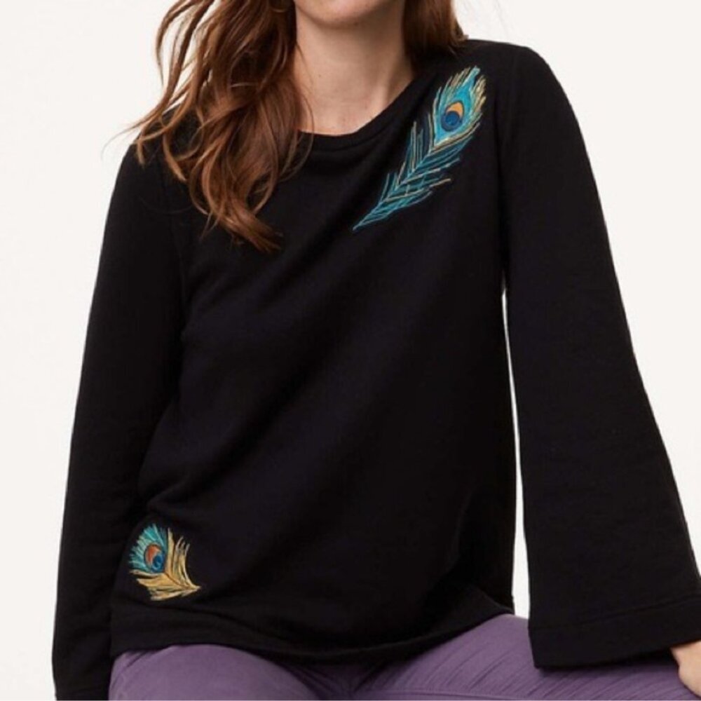 LOFT Peacock Feather Embroidered Patch Black XS Top Sweatshirt top